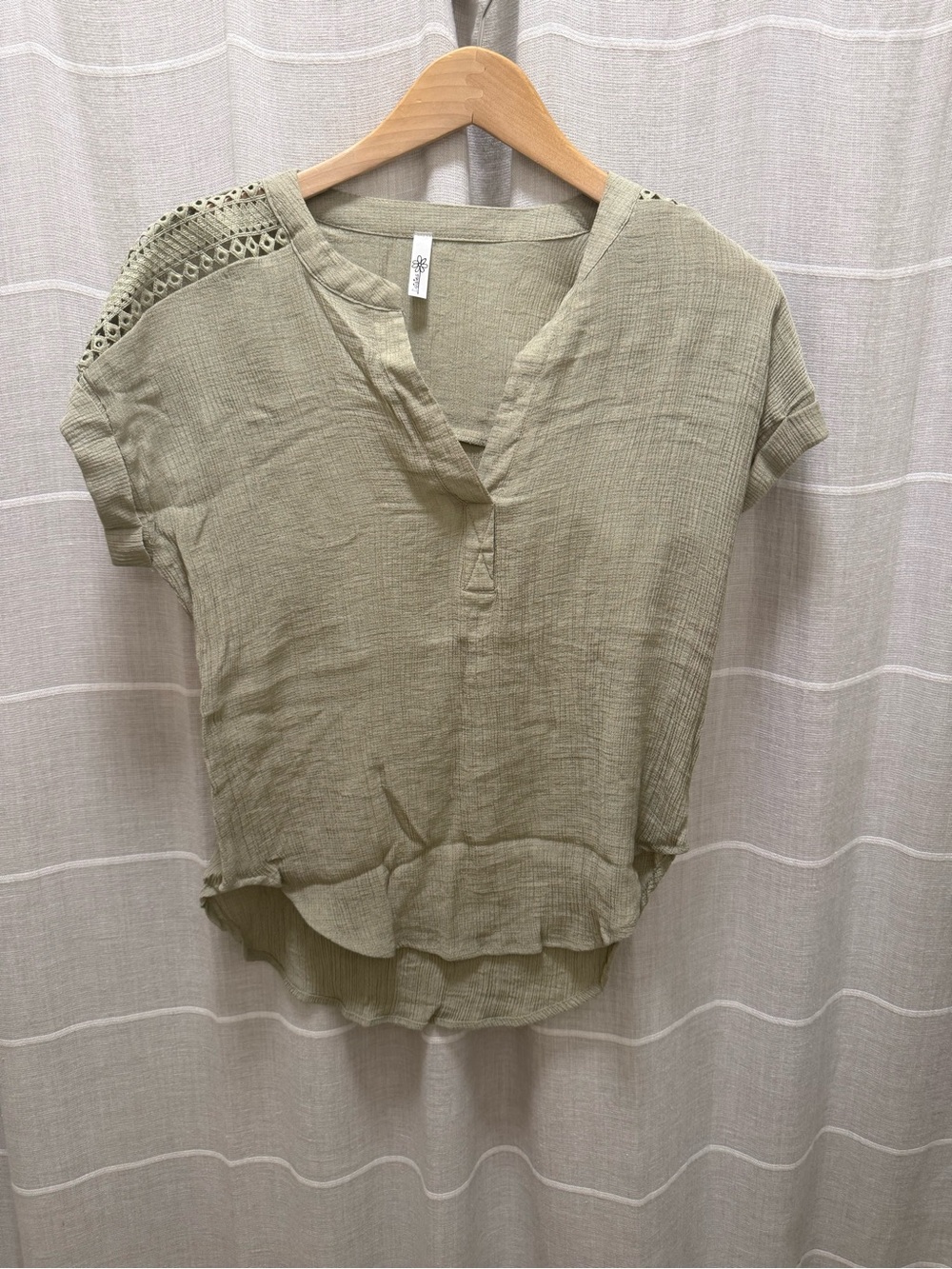 Light Olive Crochet-Shoulder V-Neck Women's Top